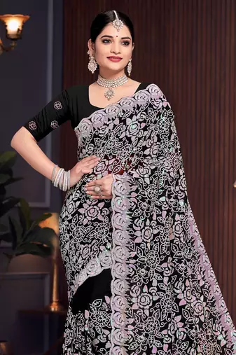 Black Sequin Resham Embroidered Georgette Saree With Matching Blouse Piece