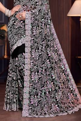 Black Sequin Resham Embroidered Georgette Saree With Matching Blouse Piece 4