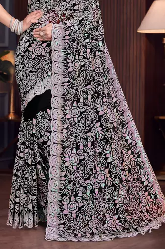 Black Sequin Resham Embroidered Georgette Saree With Matching Blouse Piece