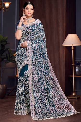 Teal Blue Sequin Resham Embroidered Georgette Saree With Matching Blouse Piece