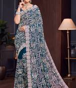 Teal Blue Sequin Resham Embroidered Georgette Saree With Matching Blouse Piece