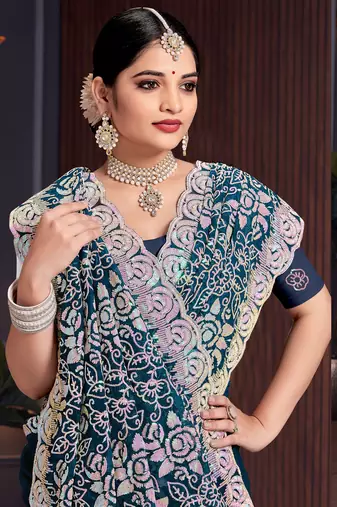 Teal Blue Sequin Resham Embroidered Georgette Saree With Matching Blouse Piece
