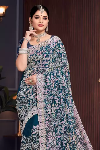 Teal Blue Sequin Resham Embroidered Georgette Saree With Matching Blouse Piece