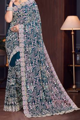 Teal Blue Sequin Resham Embroidered Georgette Saree With Matching Blouse Piece 4