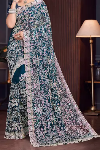 Teal Blue Sequin Resham Embroidered Georgette Saree With Matching Blouse Piece