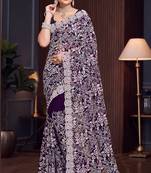 Purple Sequin Resham Embroidered Georgette Saree With Matching Blouse Piece