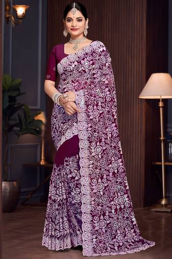 Wine Sequin Resham Embroidered Georgette Saree With Matching Blouse Piece