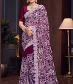 Wine Sequin Resham Embroidered Georgette Saree With Matching Blouse Piece