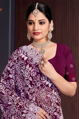 Wine Sequin Resham Embroidered Georgette Saree With Matching Blouse Piece 2