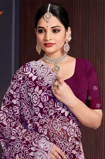Wine Sequin Resham Embroidered Georgette Saree With Matching Blouse Piece