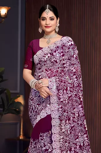 Wine Sequin Resham Embroidered Georgette Saree With Matching Blouse Piece