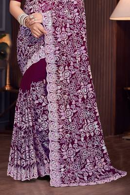 Wine Sequin Resham Embroidered Georgette Saree With Matching Blouse Piece 4