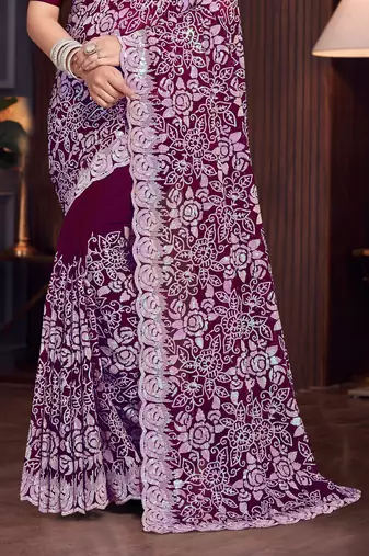 Wine Sequin Resham Embroidered Georgette Saree With Matching Blouse Piece