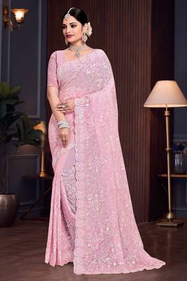 Pink Sequin Resham Embroidered Georgette Saree With Matching Blouse Piece 1