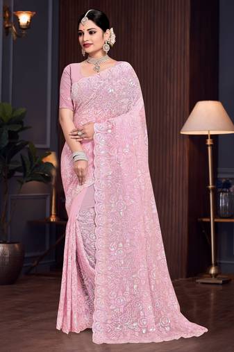 Pink Sequin Resham Embroidered Georgette Saree With Matching Blouse Piece