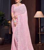 Pink Sequin Resham Embroidered Georgette Saree With Matching Blouse Piece