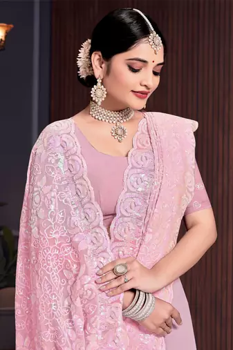 Pink Sequin Resham Embroidered Georgette Saree With Matching Blouse Piece