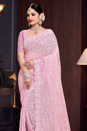 Pink Sequin Resham Embroidered Georgette Saree With Matching Blouse Piece