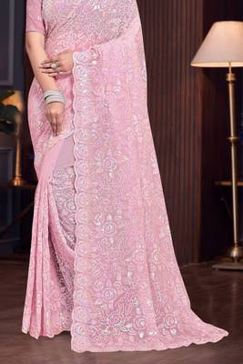 Pink Sequin Resham Embroidered Georgette Saree With Matching Blouse Piece 4