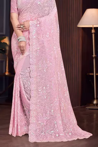 Pink Sequin Resham Embroidered Georgette Saree With Matching Blouse Piece