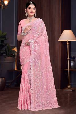 Pink Sequin Resham Embroidered Georgette Saree With Matching Blouse Piece 1