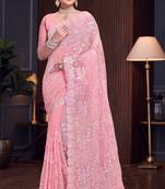 Pink Sequin Resham Embroidered Georgette Saree With Matching Blouse Piece