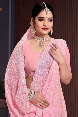 Pink Sequin Resham Embroidered Georgette Saree With Matching Blouse Piece 2