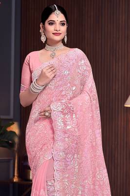 Pink Sequin Resham Embroidered Georgette Saree With Matching Blouse Piece 3