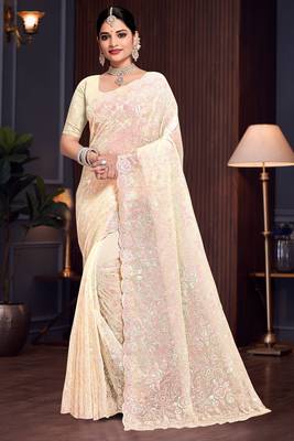 Yellow Sequin Resham Embroidered Georgette Saree With Matching Blouse Piece 1