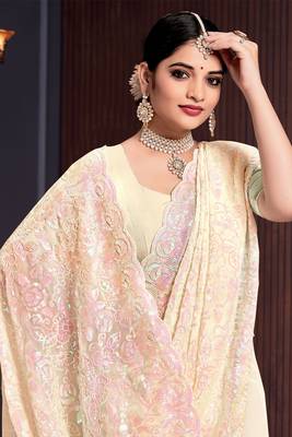 Yellow Sequin Resham Embroidered Georgette Saree With Matching Blouse Piece 2