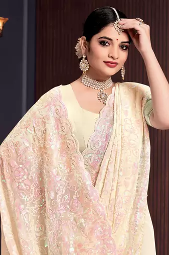 Yellow Sequin Resham Embroidered Georgette Saree With Matching Blouse Piece