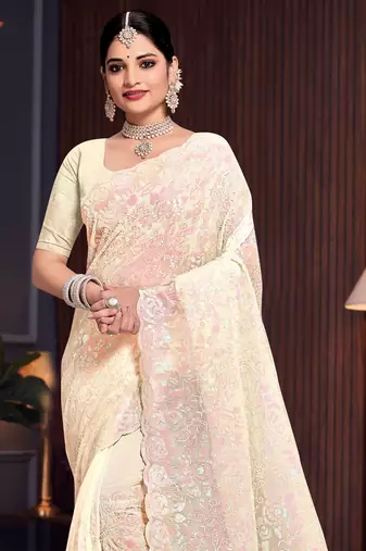 Yellow Sequin Resham Embroidered Georgette Saree With Matching Blouse Piece