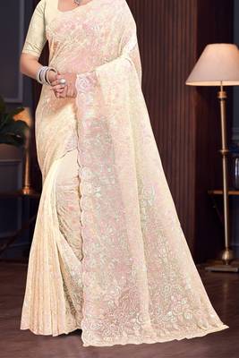Yellow Sequin Resham Embroidered Georgette Saree With Matching Blouse Piece 4