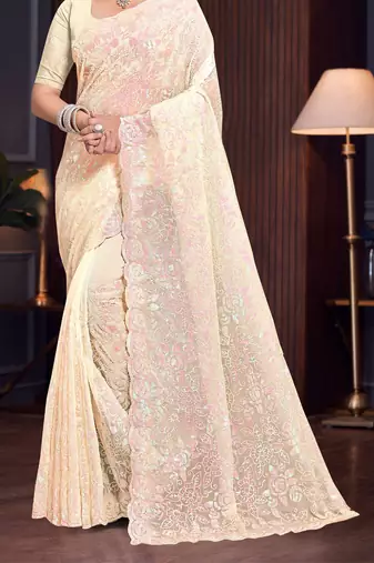 Yellow Sequin Resham Embroidered Georgette Saree With Matching Blouse Piece