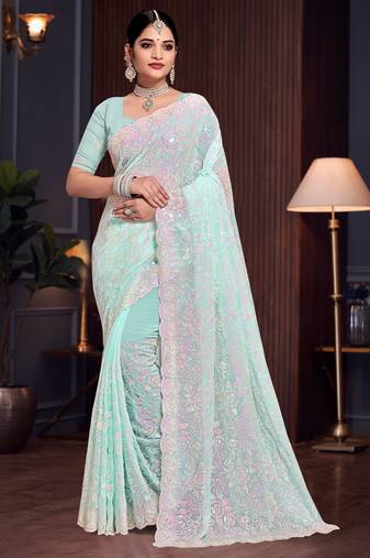 Sea Green Sequin Resham Embroidered Georgette Saree With Matching Blouse Piece