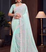 Sea Green Sequin Resham Embroidered Georgette Saree With Matching Blouse Piece