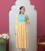 Smer women's yellow & blue cotton printed full sleeves round neck a-line kurta