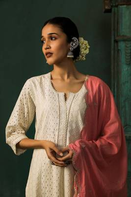 Off white schiffli cotton suit set (with pants and dupatta) 1