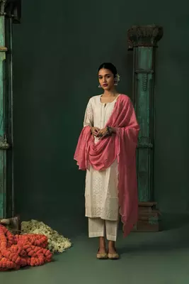 Off white schiffli cotton suit set (with pants and dupatta) 5