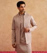 Rose gold thread embroidered open waistcoat kurta set on silk