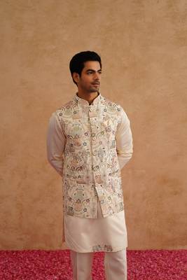 Multicolor nehru jacket  kurta set with thread and sequins embroidery on silk 1