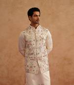 Multicolor waistcoat kurta set with thread and sequins embroidery on silk