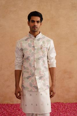 Multicolor nehru jacket  kurta set with thread and sequins embroidery on silk 1