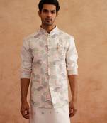 Multicolor waistcoat kurta set with thread and sequins embroidery on silk
