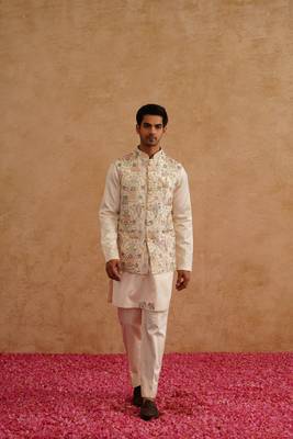 Multicolor nehru jacket  kurta set with thread and sequins embroidery on silk 2