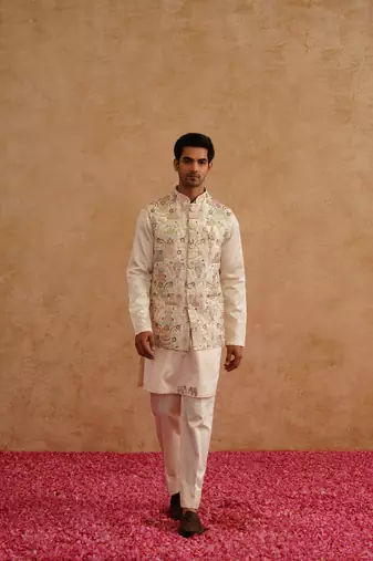Multicolor nehru jacket  kurta set with thread and sequins embroidery on silk