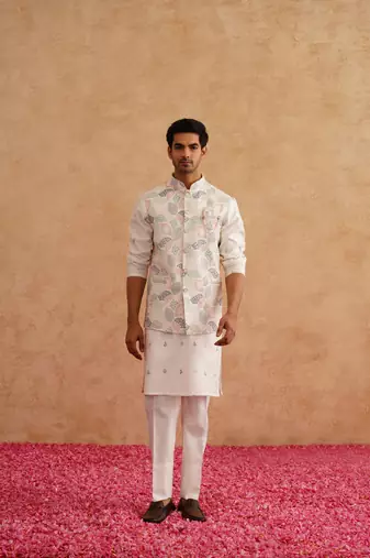 Multicolor nehru jacket  kurta set with thread and sequins embroidery on silk