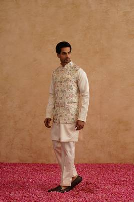 Multicolor nehru jacket  kurta set with thread and sequins embroidery on silk 3