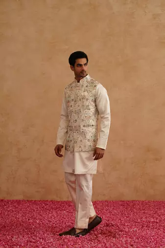 Multicolor nehru jacket  kurta set with thread and sequins embroidery on silk