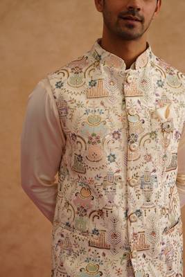Multicolor nehru jacket  kurta set with thread and sequins embroidery on silk 4